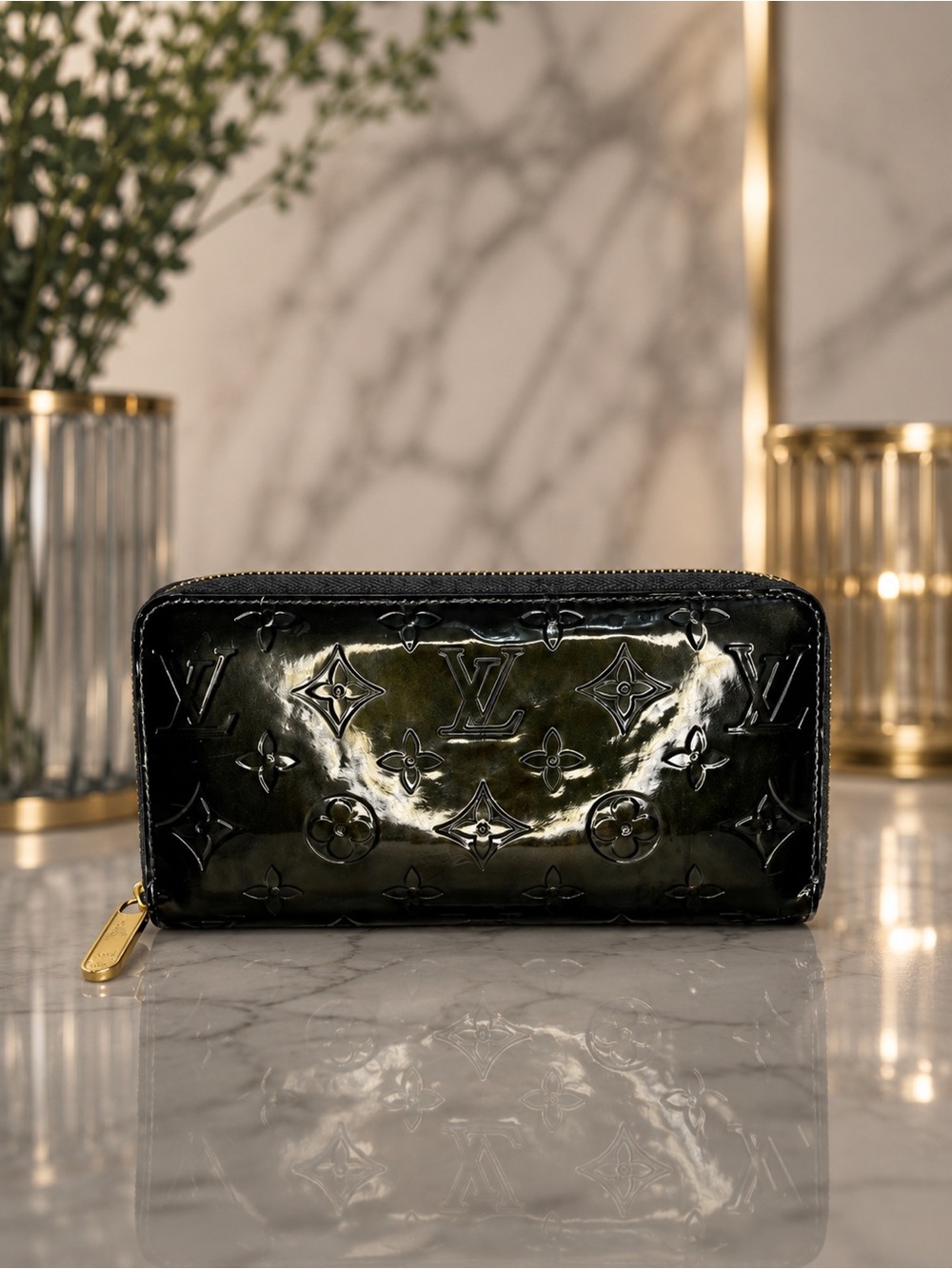 Louis Vuitton Vernis Zip Around Wallet Dark Green | LV Patent Leather | Full Set